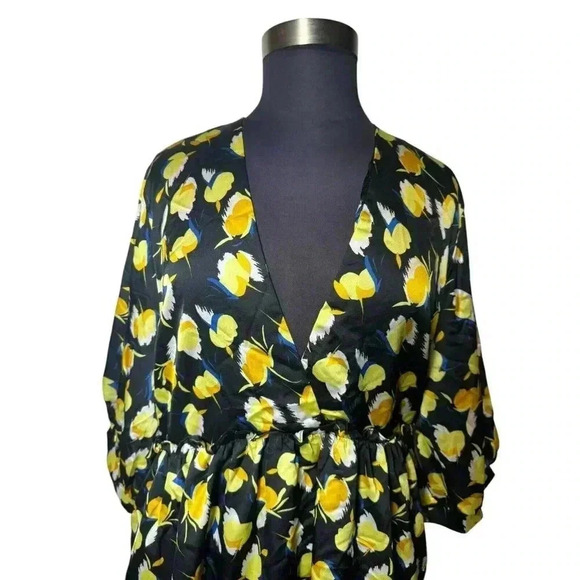 Nasty Gal Plus Sz Yellow Black Floral Skater Mini Dress V Neck Size 18 Pocket - Picture 3 of 10